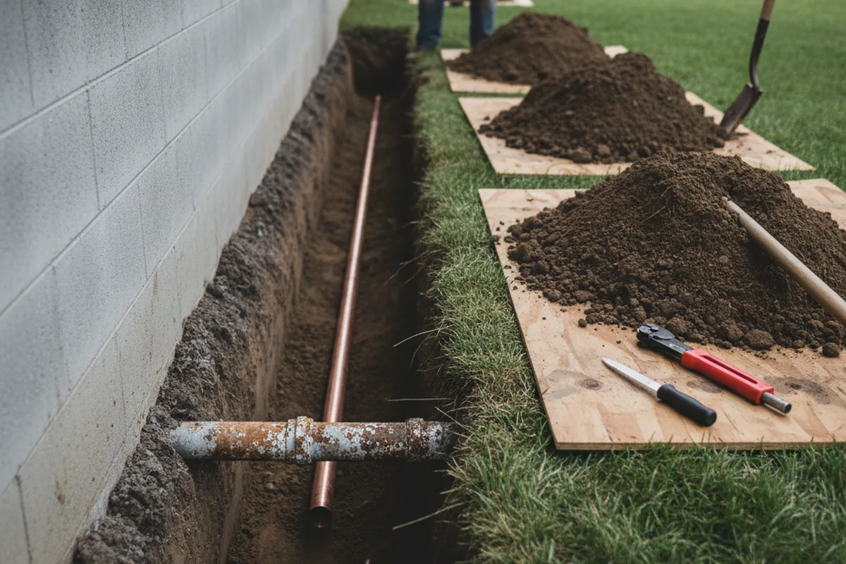 Excavated water line trench during Water Softener Installation in Waimea